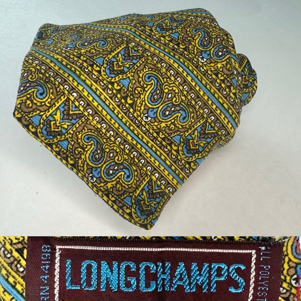 Vintage LONGCHAMP for HUGHES & HATCHER Yellow & Blue Striped Paisley Wide Tie